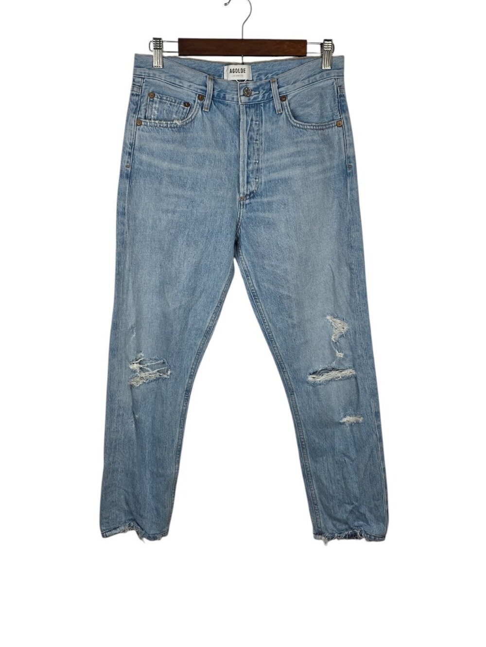 AGOLDE Jamie High Rise Straight Leg Jeans Light Wash Button Fly Distressed Sz 27